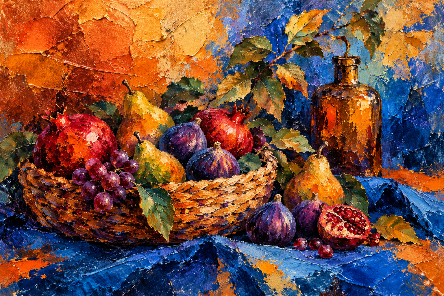 Illustration of a woven basket with pomegranates, pears, figs and grapes among blue and ochre brushstrokes.