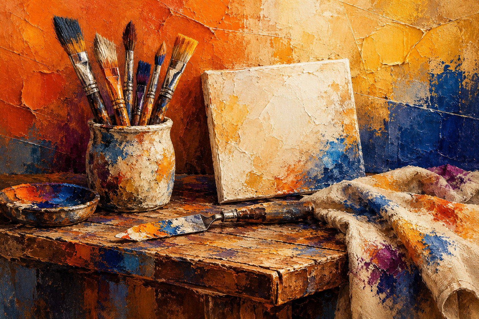 Studio still life with a brush jar, blank canvas and paint-marked cloth on an orange, ochre and blue table.