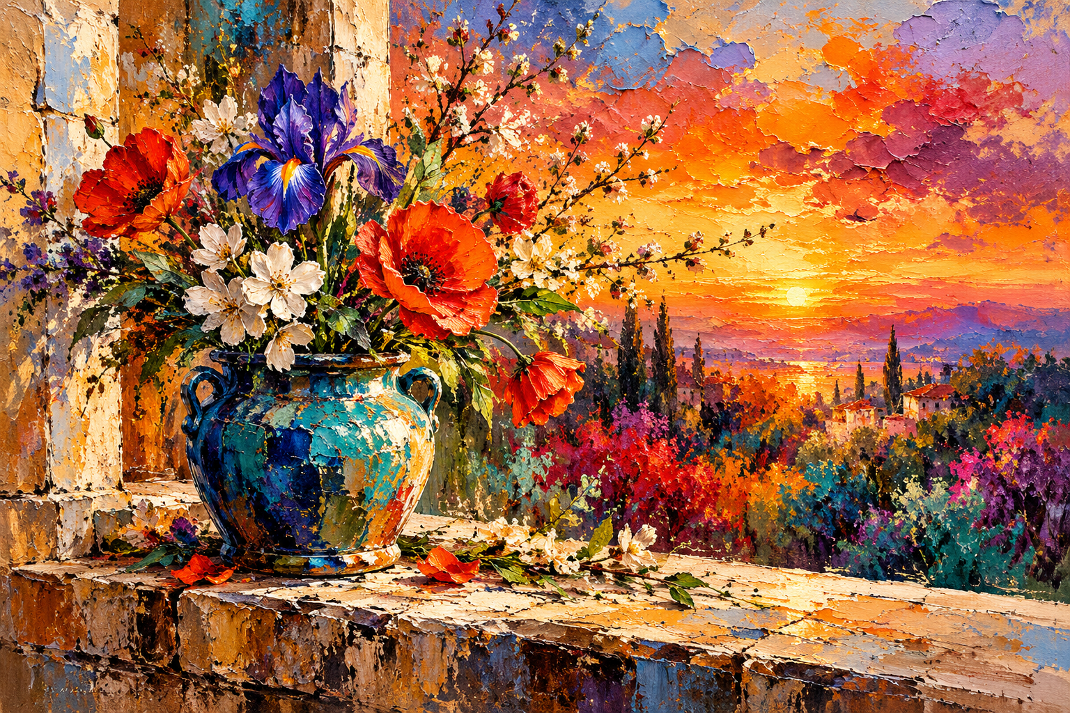 Illustration of a blue-green urn with poppies and irises beside a garden at sunset.