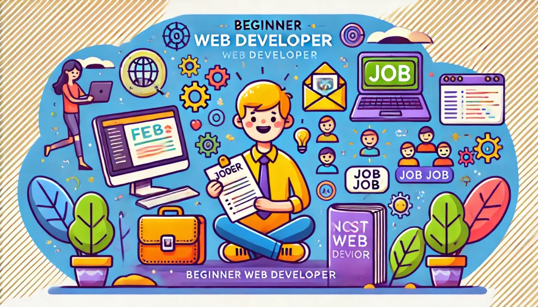 Ilustración de guía para conseguir el primer empleo como desarrollador web.