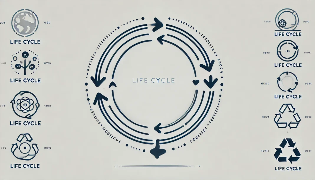 Ilustración minimalista de un ciclo de vida representado por flechas conectadas en un círculo, mostrando el flujo continuo de diferentes etapas de un ciclo sin texto ni etiquetas.