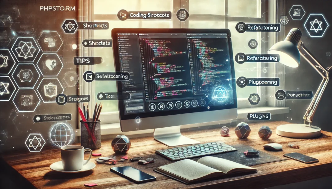 Espacio de trabajo de un desarrollador con PhpStorm en pantalla, mostrando código y herramientas de productividad como un cuaderno, un café y un smartphone.