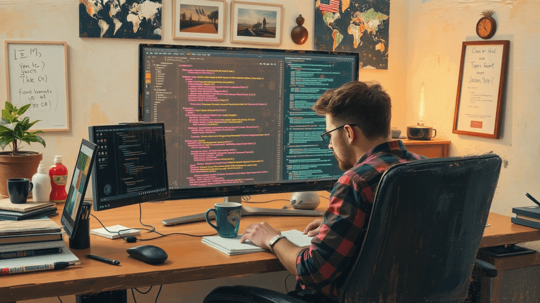 Programador aprendiendo TypeScript en su ordenador, rodeado de fragmentos de código.
